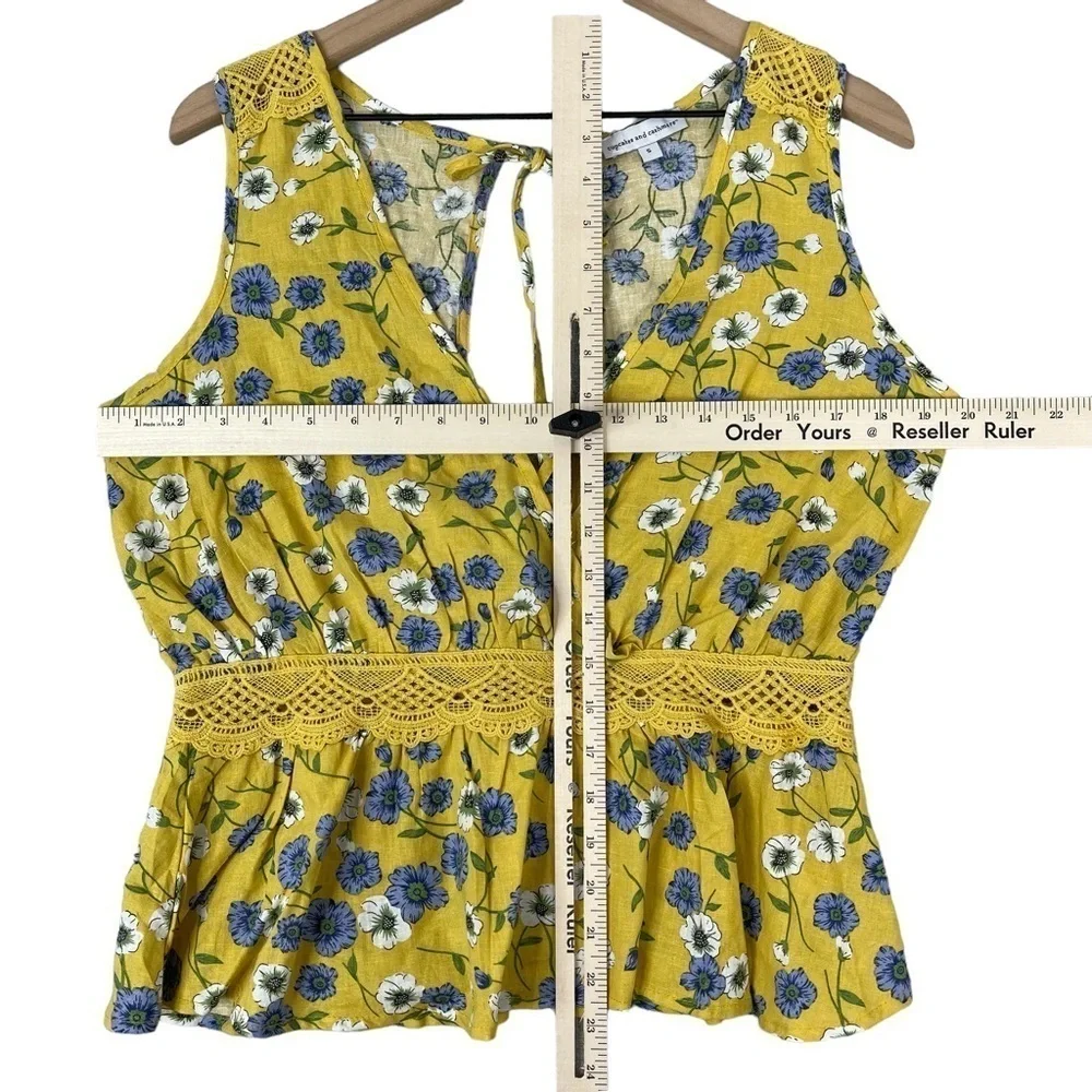 Cupcakes and Cashmere Floral Top Small Yellow Keyhole Open Back Linen Blend - Picture 16 of 16